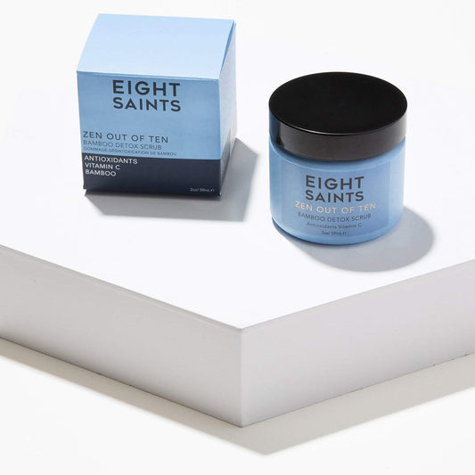 Eight Saints natural organic exfoliating facial scrub jar on display