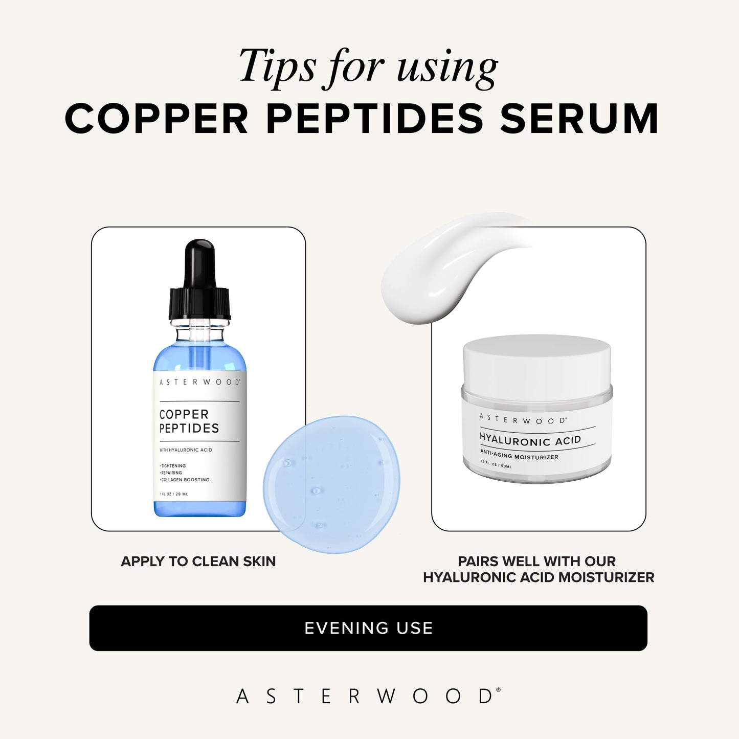 Asterwood vegan and cruelty free copper peptide complex wrinkle smoothing formula close up.