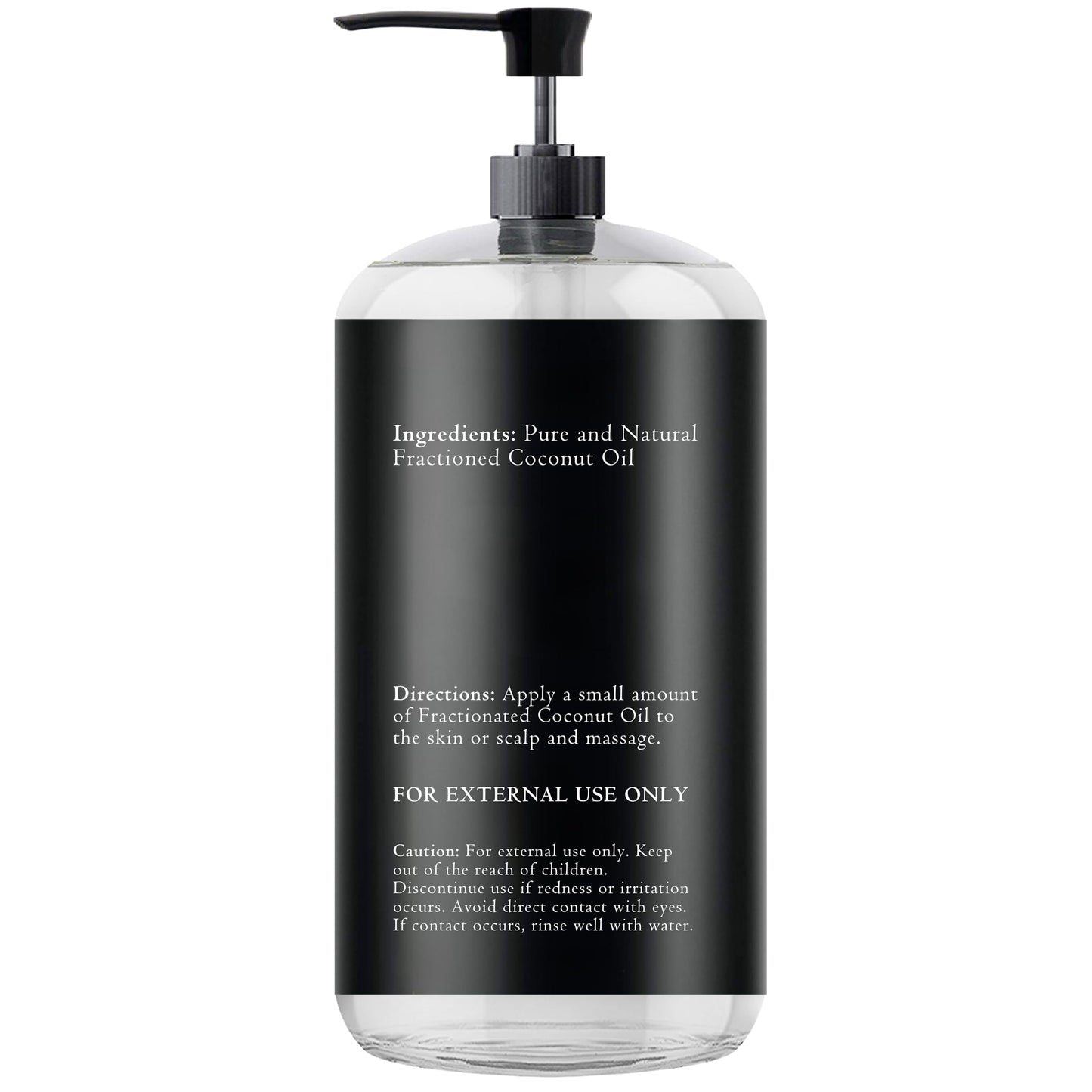 Essentially KateS Fractionated Coconut Oil 500ml bottle standing upright alongside its pump dispenser.