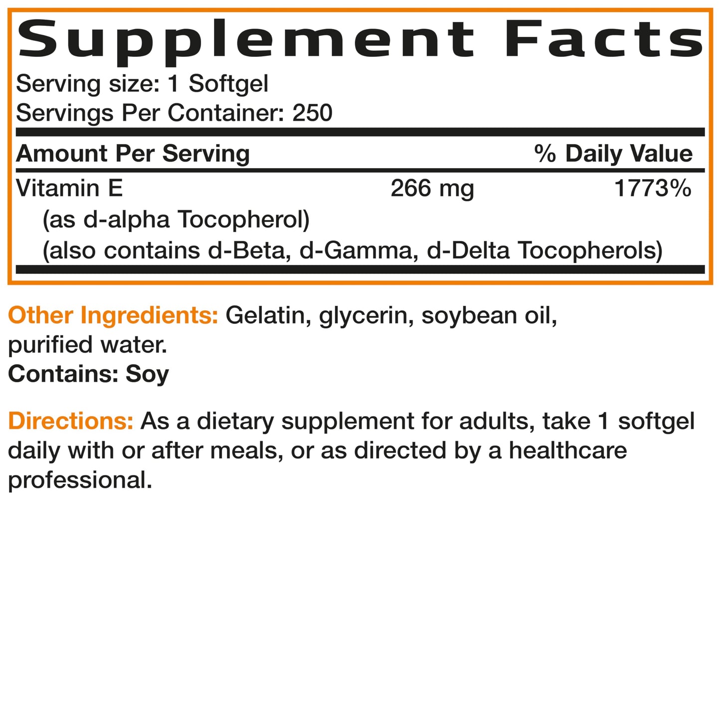 Bronson health products Vitamin E 400 IU capsules bottle displaying full spectrum mixed tocopherols