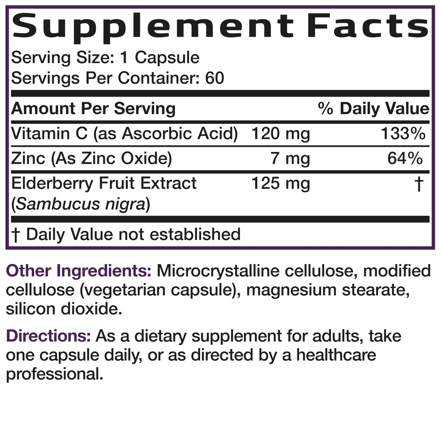 Authentic imported Bronson vitamins elderberry complex bottle side layout
