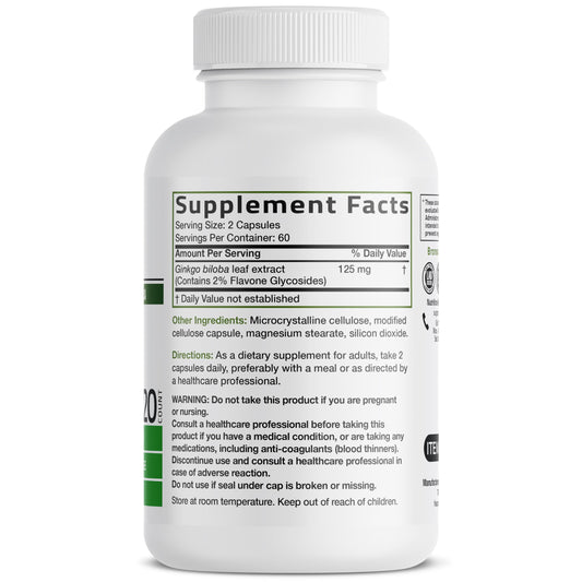 Side view of Bronson Ginkgo Biloba 500 milligrams supplement bottle detailing non-GMO and gluten-free labels