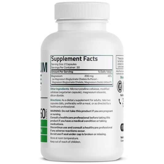 Side angle view of Bronson Magnesium Glycinate supplement showing high absorption benefits