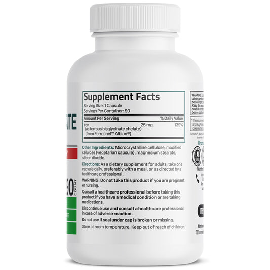 Bronson gentle iron supplement bottle showing nutritional facts and ingredients list.