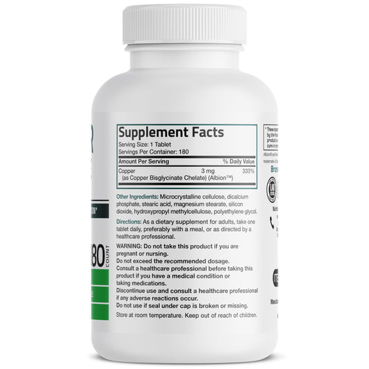 Bronson Copper Bisglycinate Chelate supplement nutrition facts label showing ingredients and dosage