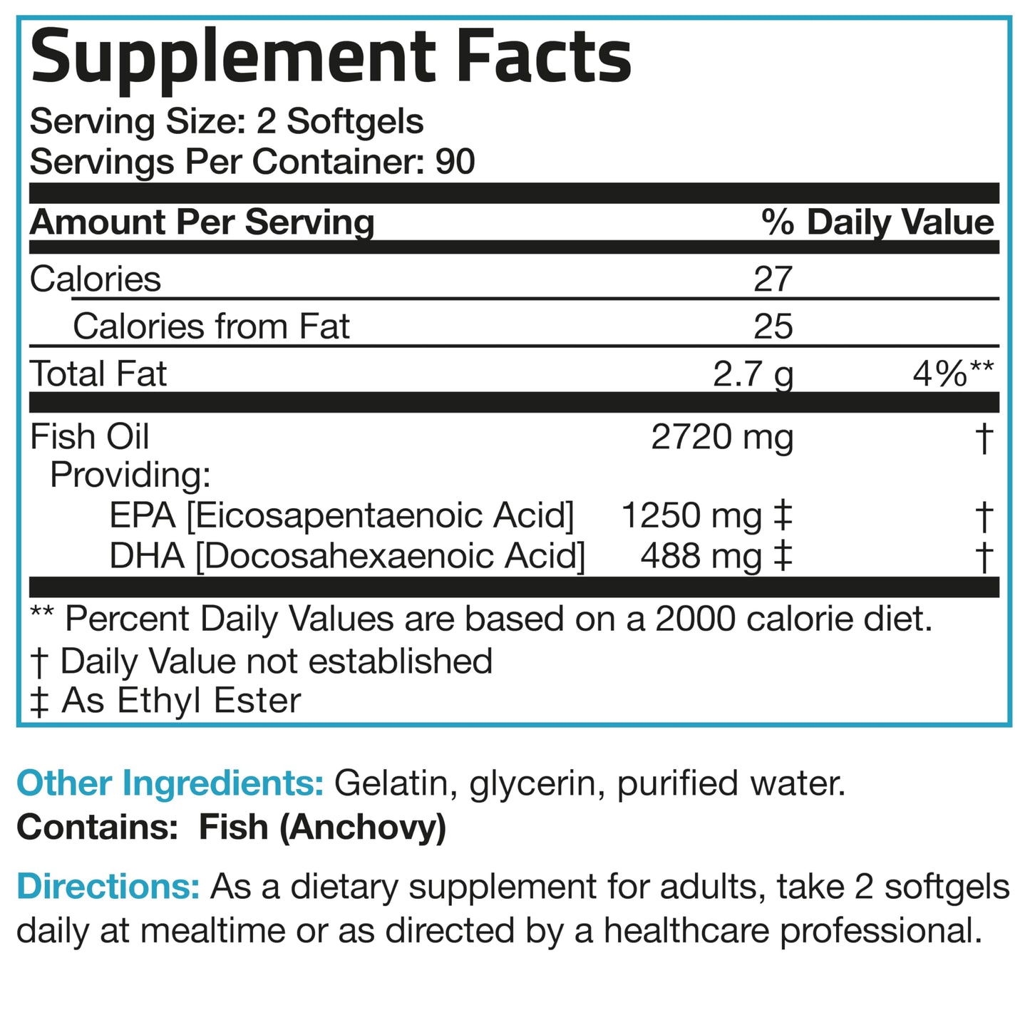 Pure anchovy sourced omega three fish oil softgels dietary facts panel
