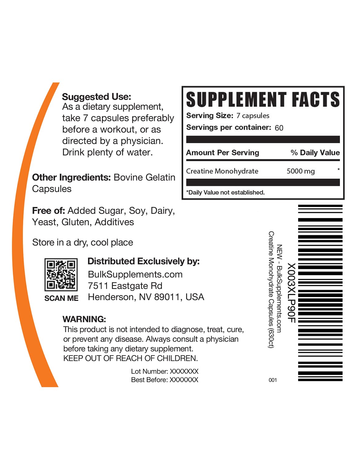 BulkSupplements Creatine Monohydrate 5000mg capsules daily serving