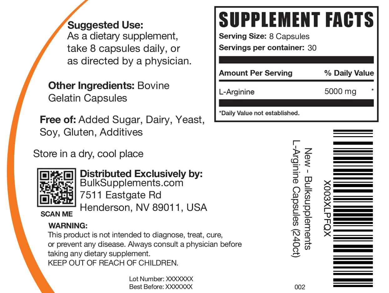 BulkSupplements L Arginine premium authentic USA imported dietary supplement container layout