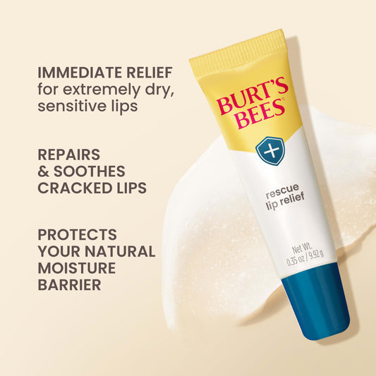Burt's Bees lip balm packaging displaying 100 percent natural origin label and ingredients list for dry cracked lips.