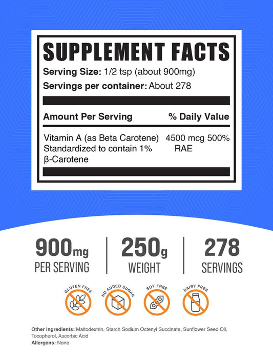 Close up of BulkSupplements Beta Carotene powder packaging and label