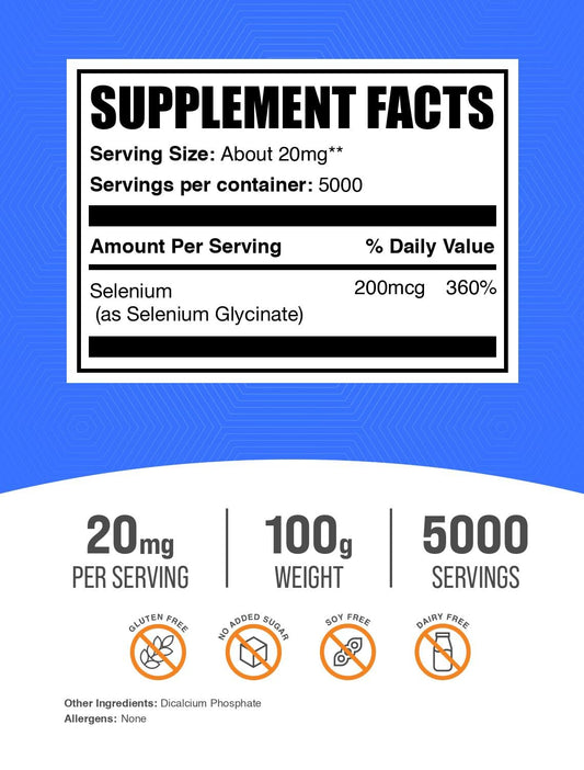 BulkSupplements Selenium Glycinate Powder supplement facts label showing ingredients and serving size breakdown.
