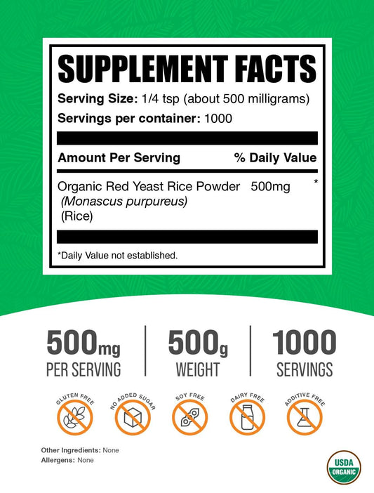 BulkSupplements vegan red yeast rice supplement powder bag showing nutritional facts.