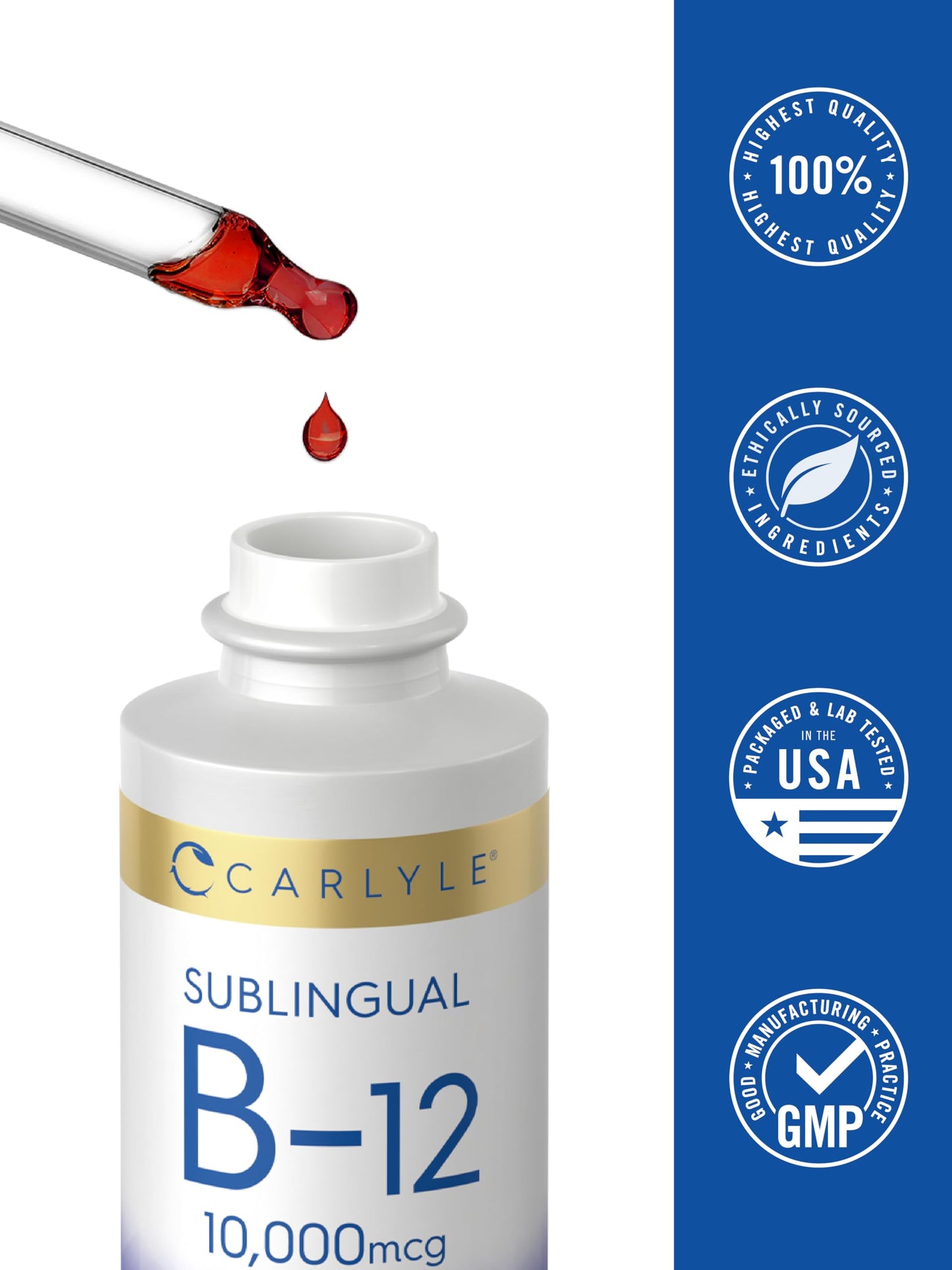 Carlyle sublingual B12 dietary supplement full product setup showing clean liquid dropper