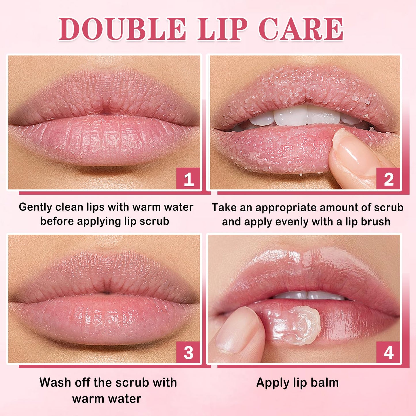 Educational graphic showing lip exfoliation and moisturizing steps