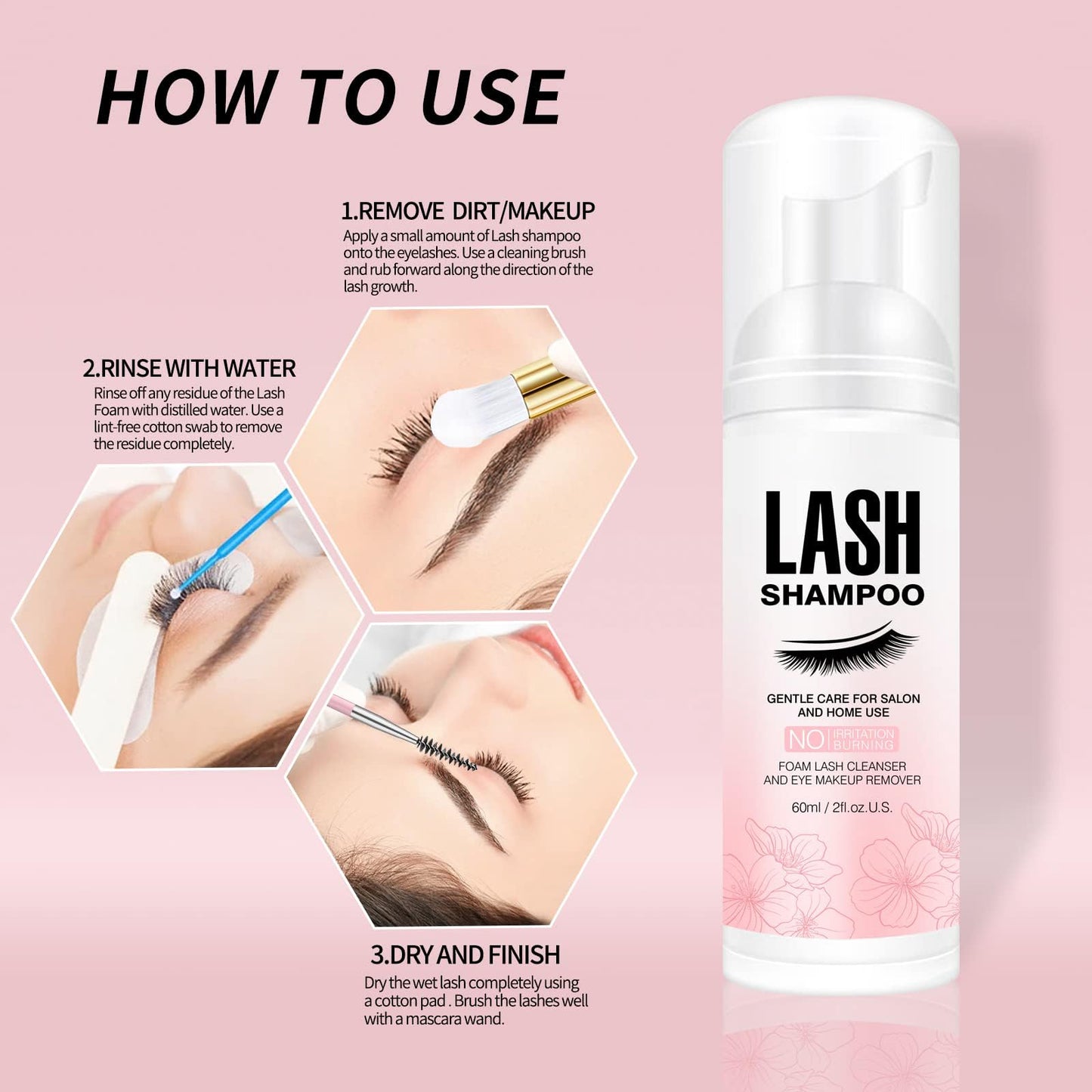 Close up view of the hypoallergenic lash cleanser bottle highlighting the cruelty free and vegan product badges.