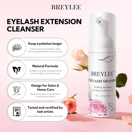 Breylee lash bath cleanser foam bottle with soft cleaning brush and mascara wand on a white background