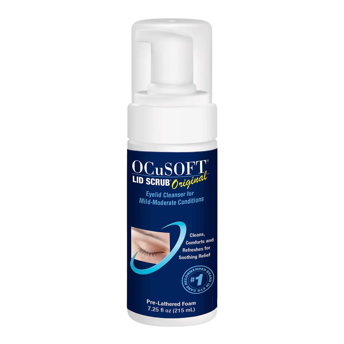 OCuSOFT foaming eye wash bottle standing upright next to its official protective outer carton.