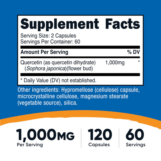 Supplement facts label on the back of Nutricost Quercetin 1000mg packaging highlighting non-GMO and gluten-free certifications.