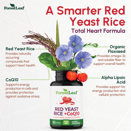 ForestLeaf dietary supplement bottle showing CoQ10 and organic flaxseed ingredients list