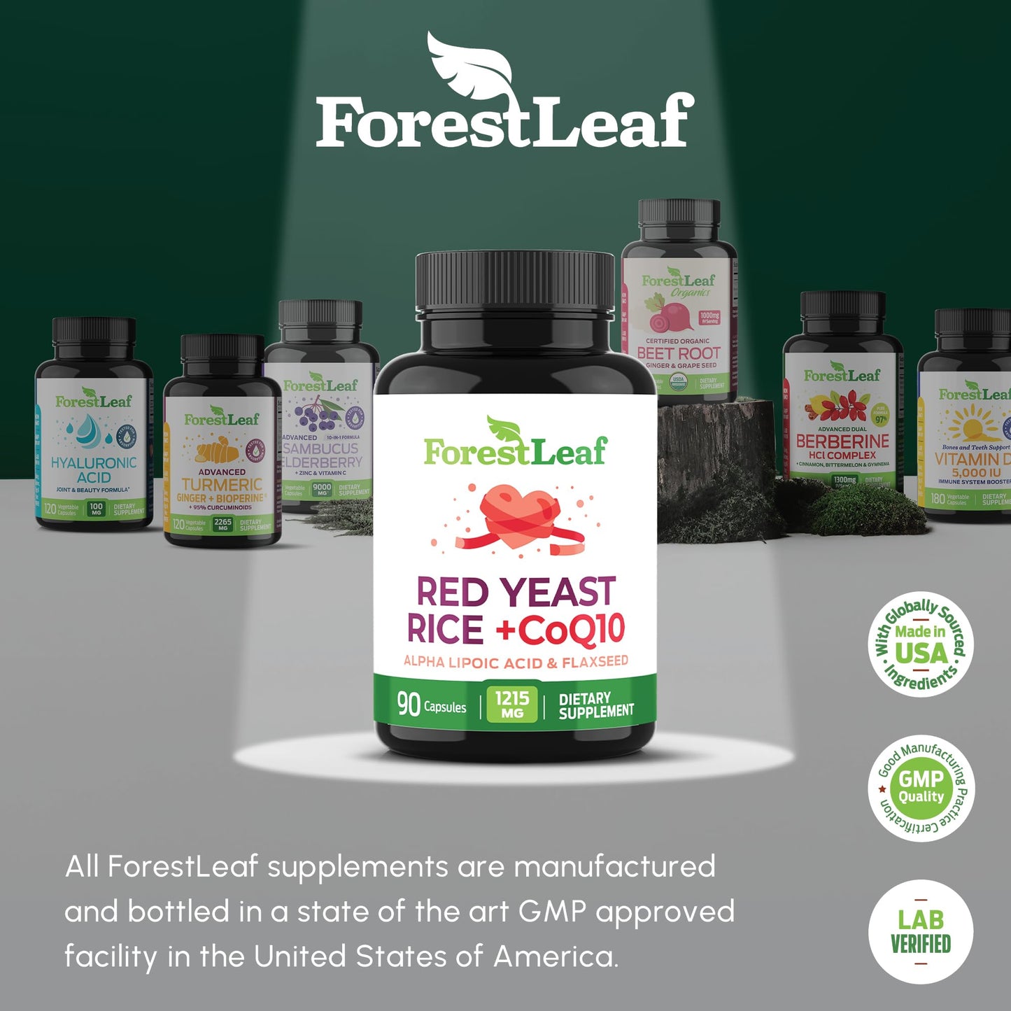 ForestLeaf dietary supplement bottle highlighting ninety capsules serving size details