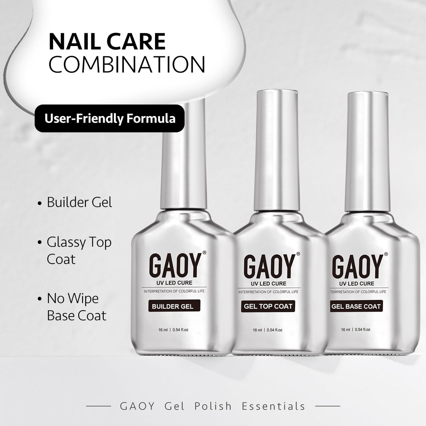 Close up of Gaoy no wipe glossy gel top coat bottles