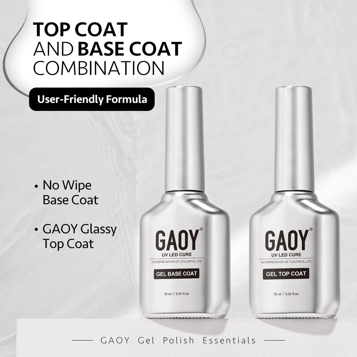 Authentic Gaoy gel top and base coat bottles on display
