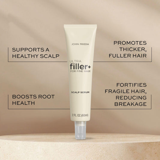 John Frieda thickening scalp serum packaging highlighting biotin peptides and caffeine ingredients