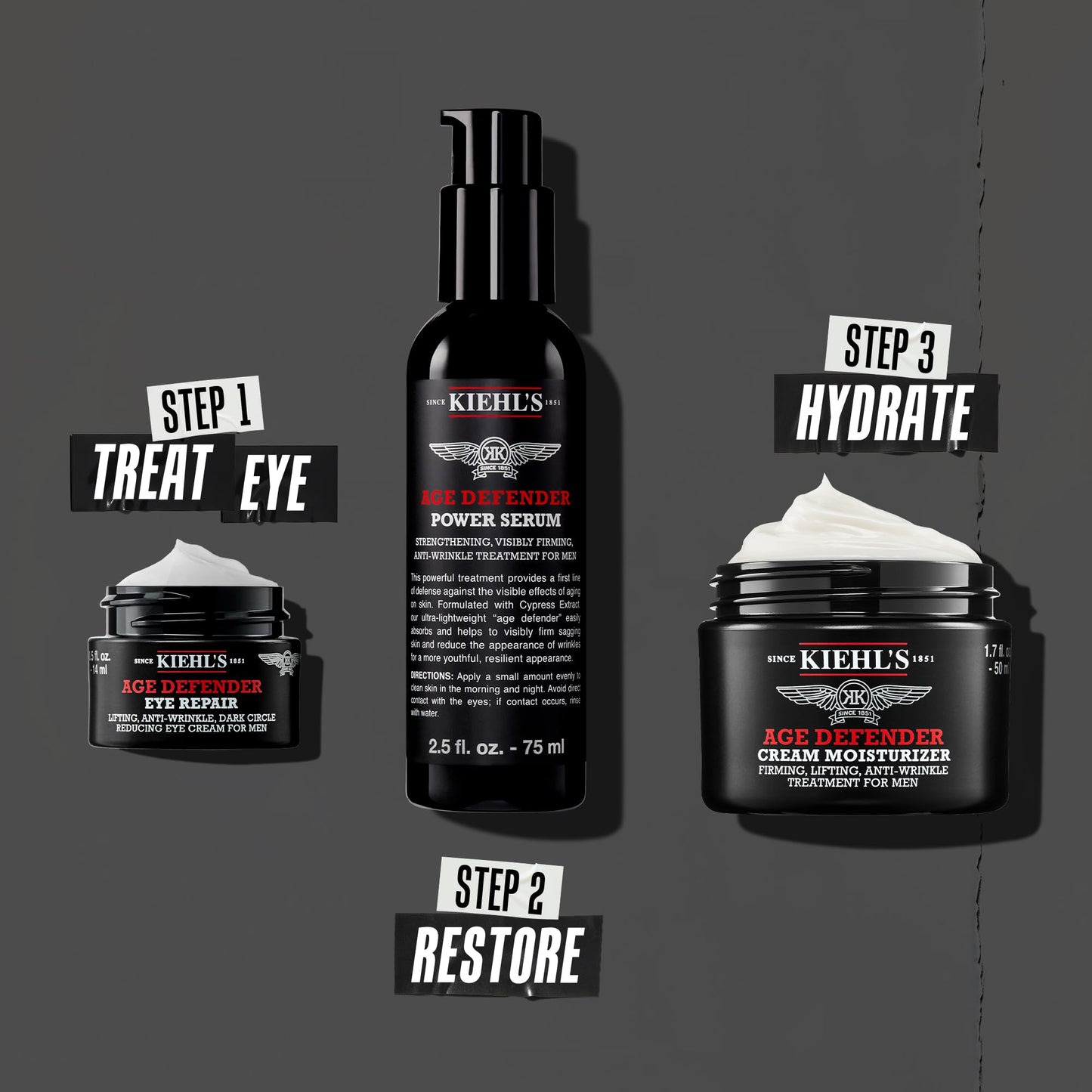 Kiehl's Age Defender Eye Repair alongside men's skincare routine products