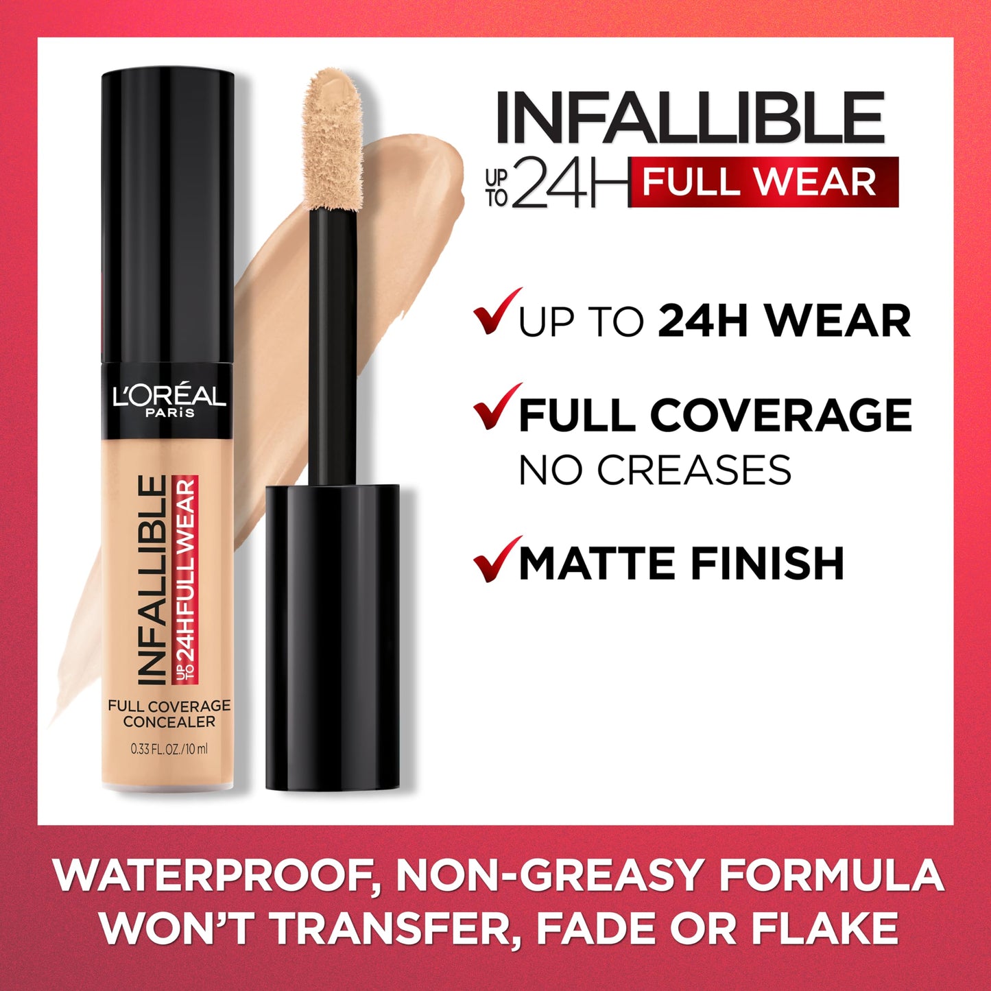 L'Oreal Paris Infallible Full Wear Multi Use Liquid Concealer Cashmere displayed with its oversized applicator cap open