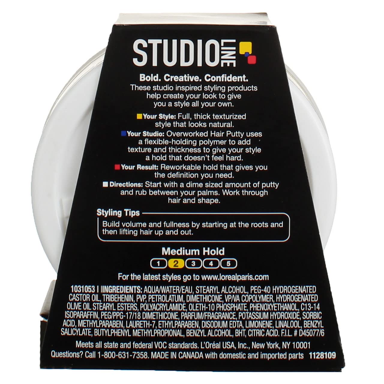 L'Oreal Paris strong hold reworkable hair putty showing travel friendly packaging dimensions
