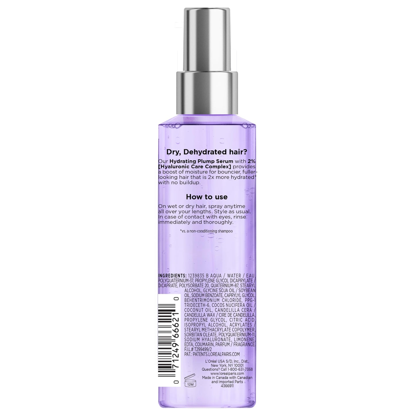 Authentic USA imported L'Oreal Paris Elvive Hyaluron Plump hair serum product packaging.