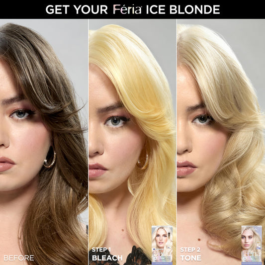 L'Oreal Paris Feria hair bleach kit contents showing bleaching powder, developer, and purple conditioner.