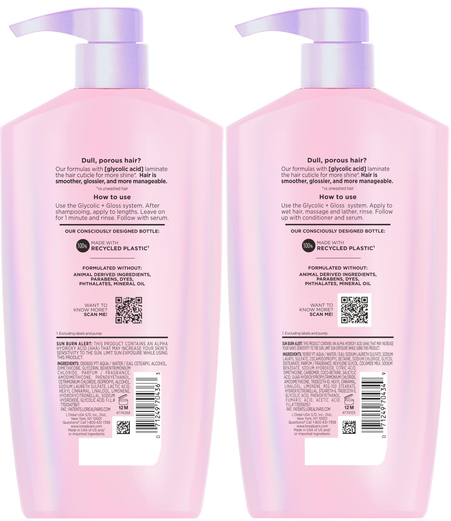 Side view of L'Oreal Paris Elvive Glycolic Gloss high shine boosting shampoo and conditioner imported collection.