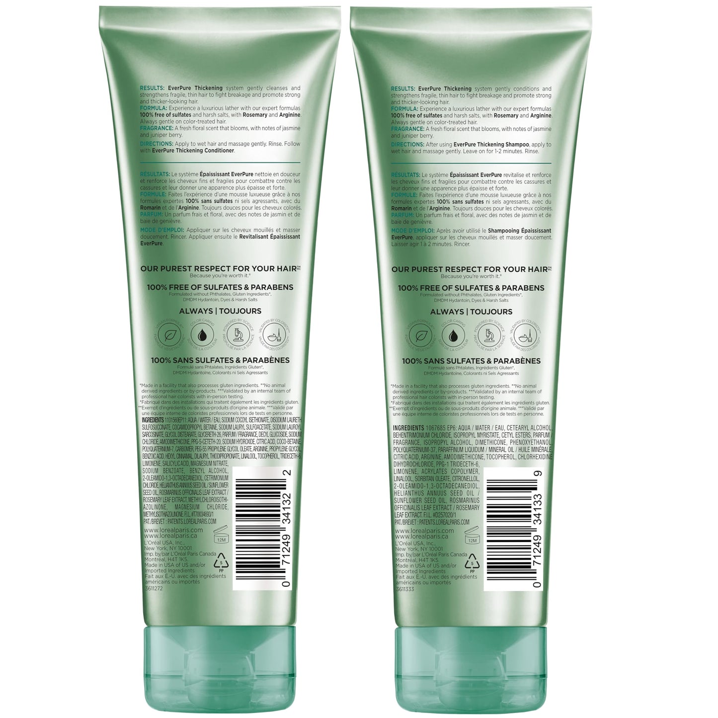 Back labels of L'Oreal EverPure thickening shampoo and conditioner showing usage directions