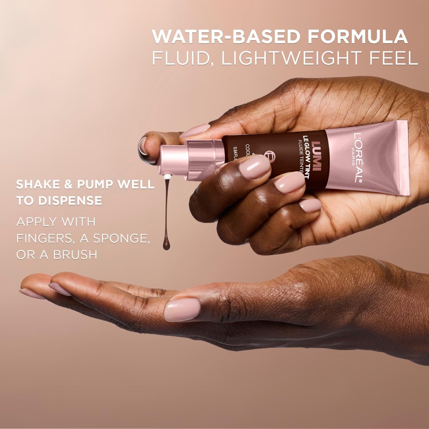 L'Oreal Paris dewy finish skin tint fluid container alongside a demonstration of its hydrating texture.