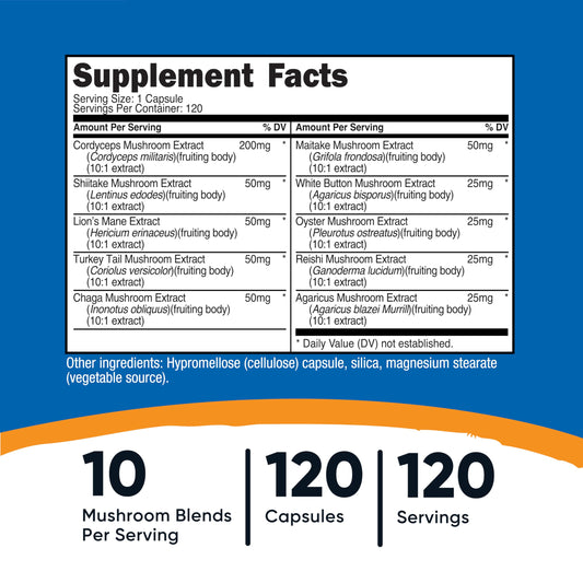 Nutricost mushroom complex supplement facts and ingredients list label