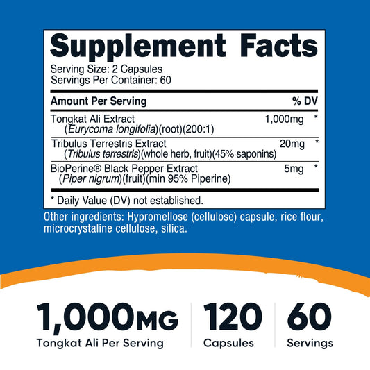 Nutricost Tongkat Ali with Tribulus and BioPerine supplement facts