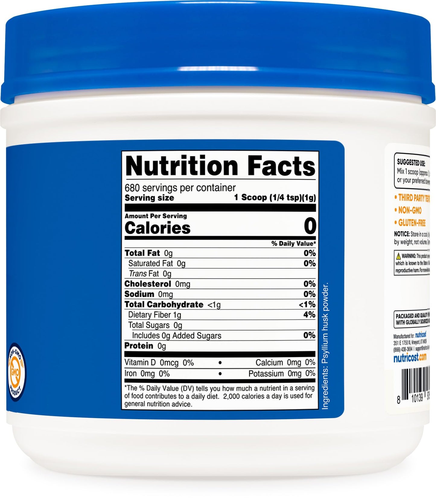 Nutricost Psyllium Husk health supplement packaging details