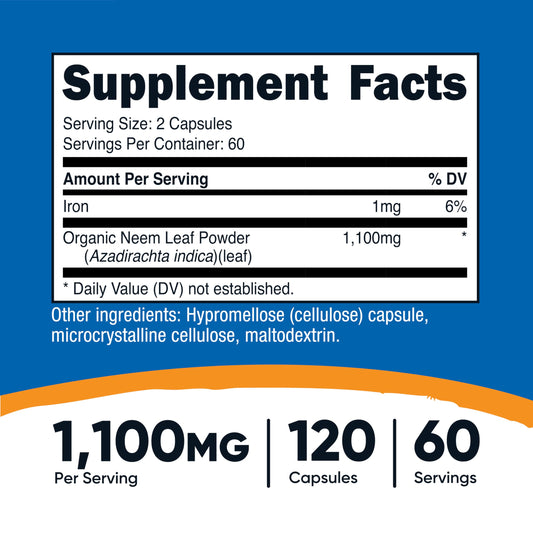Nutricost Neem Leaf Dietary Supplement Bottle Label Details