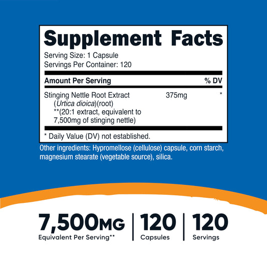 Nutricost Stinging Nettle Root supplement facts panel showing ingredient list and serving size