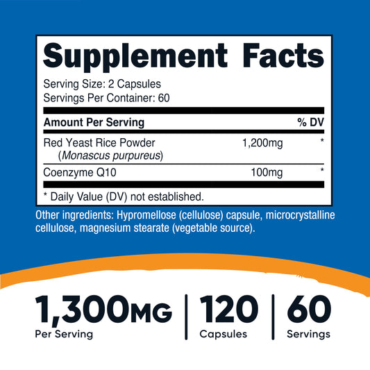 Nutricost Red Yeast Rice 1300mg supplement label detailing 60 vegetarian servings nutritional facts