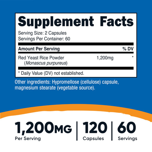 Nutricost red yeast rice dietary supplement 120 capsules label showcasing serving size and non-GMO logo.