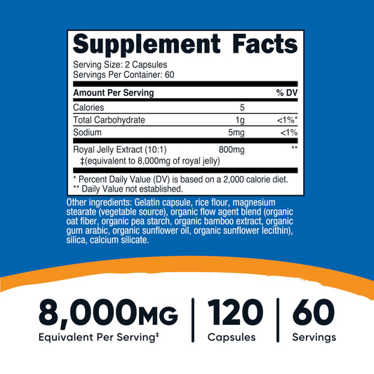 Nutricost Royal Jelly eight thousand milligrams equivalent supplement facts and ingredients label
