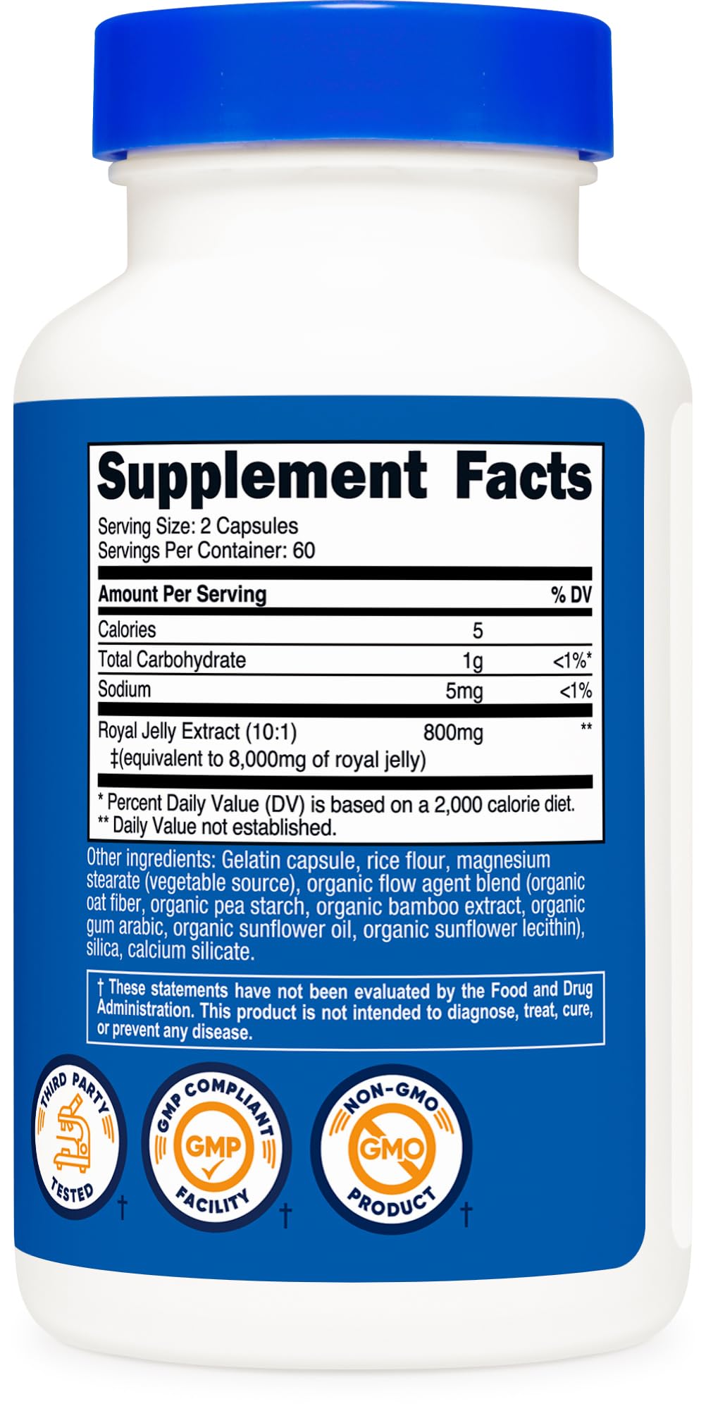 Nutricost Royal Jelly sixty servings dietary supplement bottle angle view