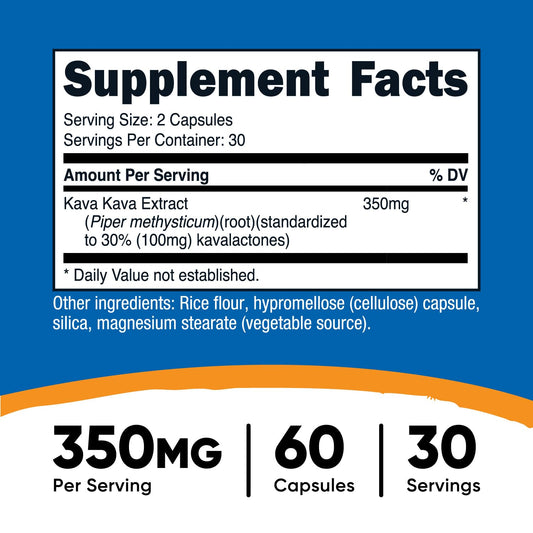 Nutricost Kava Kava 350 milligrams supplement facts label view