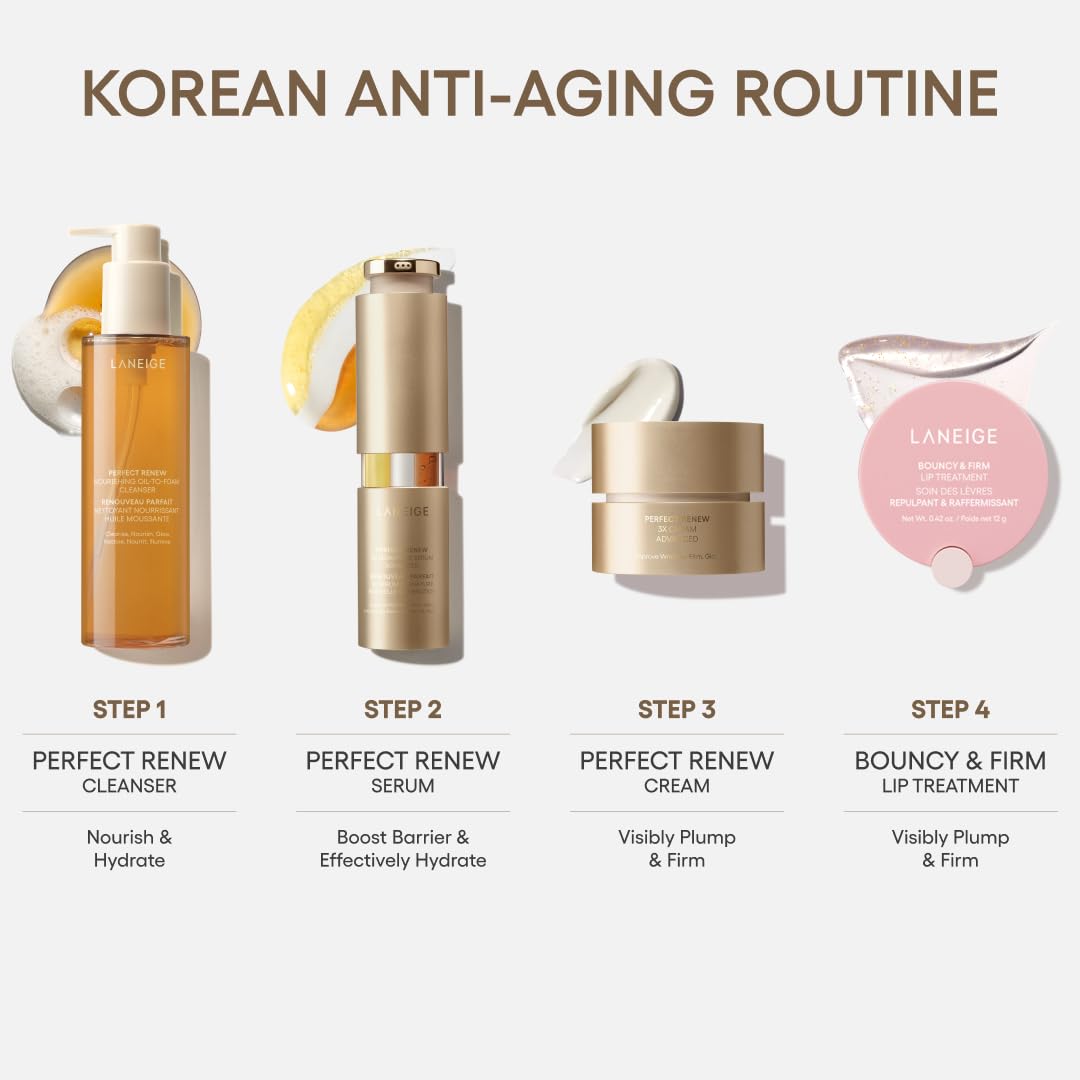 LANEIGE skincare routine steps featuring the Perfect Renew nourishing face wash