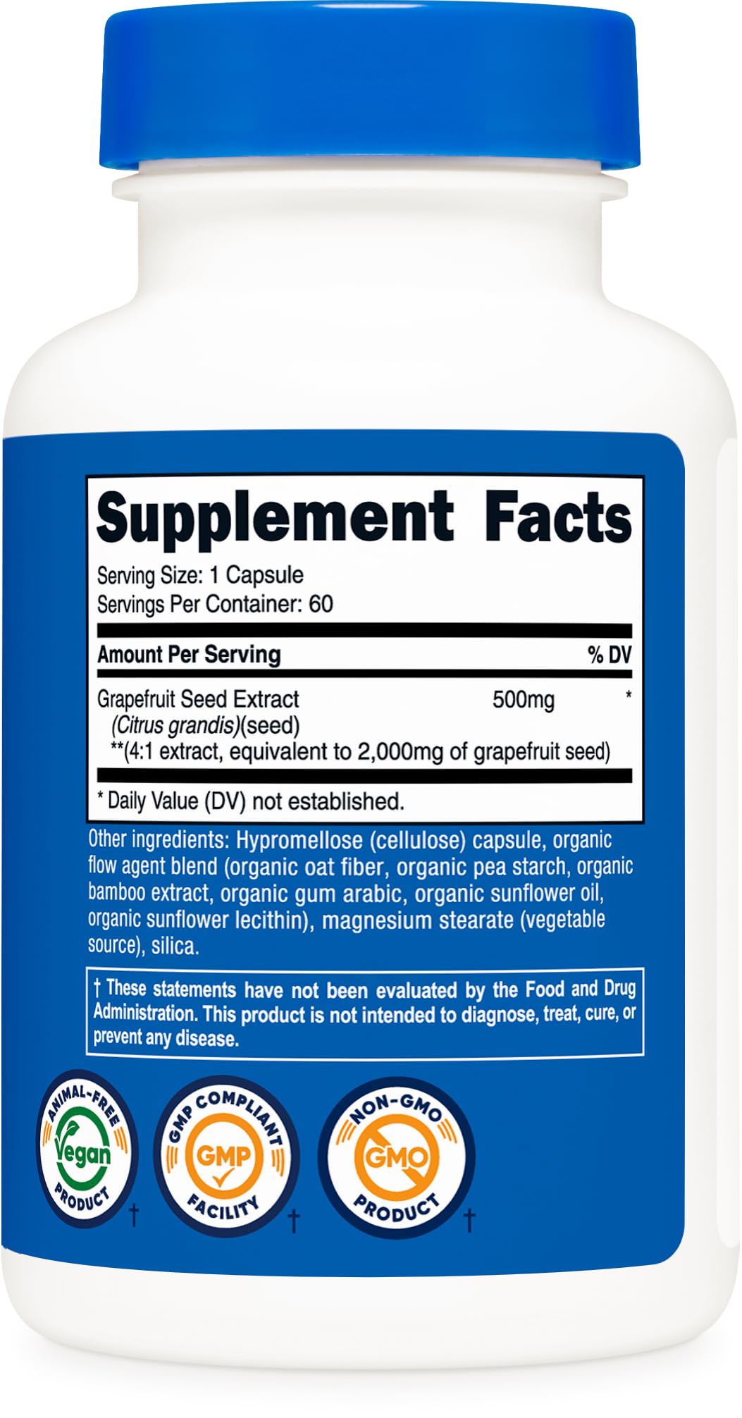 Close up of Nutricost Grapefruit Seed Extract 60 count label