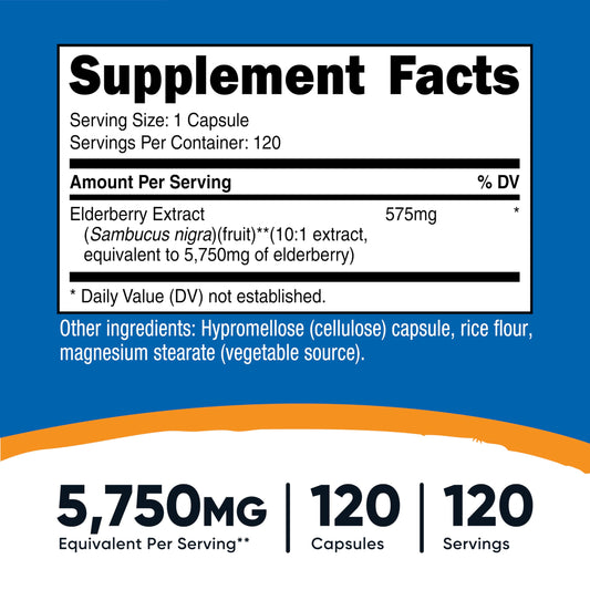 Supplement facts and clean ingredients label on the back of the Nutricost Elderberry packaging.