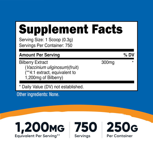 Nutricost unflavored bilberry powder supplement packaging showing 1200 milligram equivalent dosage