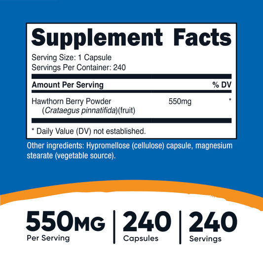 Nutricost Hawthorn Berry dietary supplement back label showing 550mg serving size and supplement facts